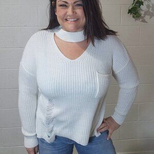 Chic White Distressed Knit Sweater with Choker Neckline